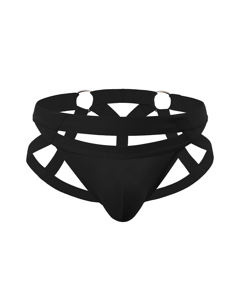 Black O-ring cutout briefs with crisscross strap harness detail.
