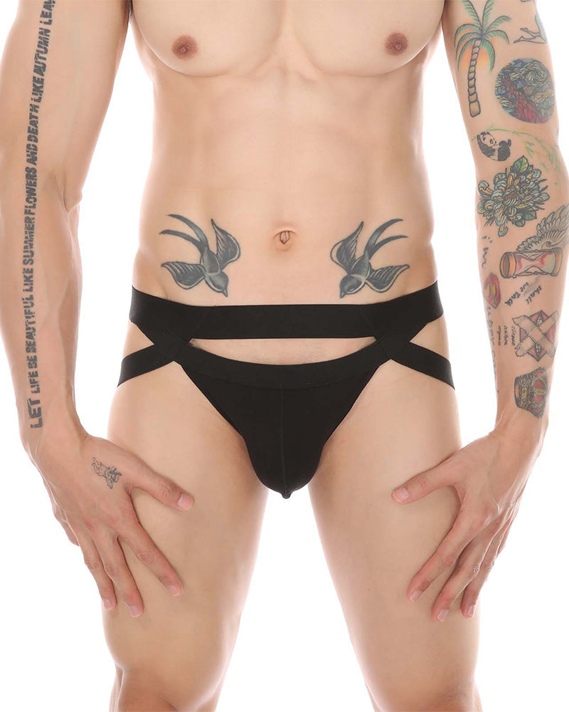 Black cutout briefs with wide strap band and front opening.