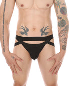 Black cutout briefs with wide strap band and front opening.