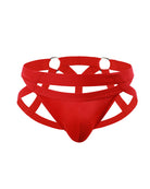 Red O-ring cutout briefs with crisscross strap harness detail.