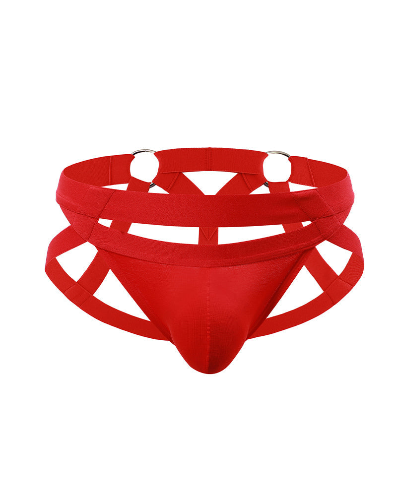 Red O-ring cutout briefs with crisscross strap harness detail.