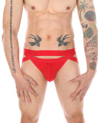 Red cutout briefs with wide strap band and front opening.