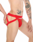 Red cutout briefs with crisscross rear strap design.