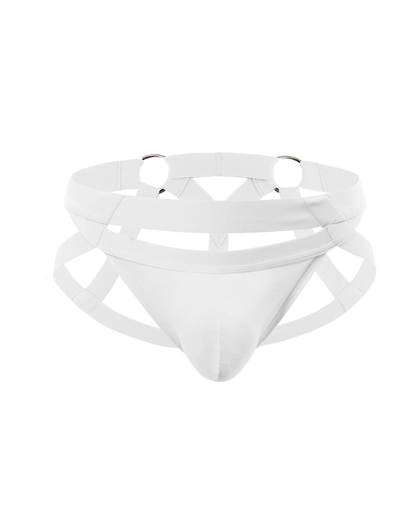 White O-ring cutout briefs with crisscross strap harness detail.