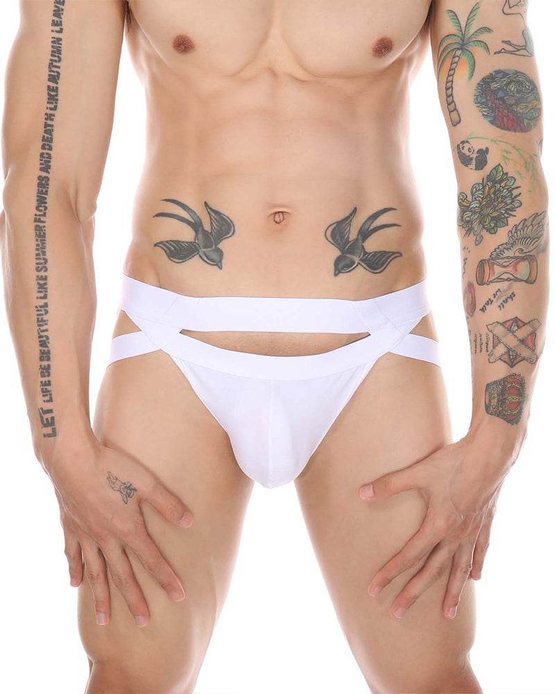 White cutout briefs with wide strap band and front opening.