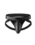Black faux leather jockstrap with wide waistband and central front pouch