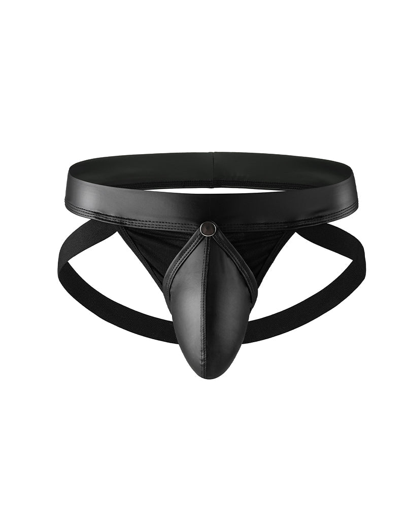 Black faux leather jockstrap with wide waistband and central front pouch