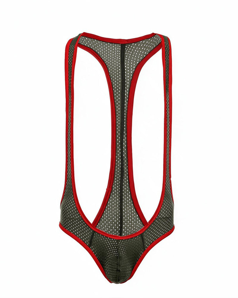 Army green mesh racerback thong bodysuit with red contrast trim