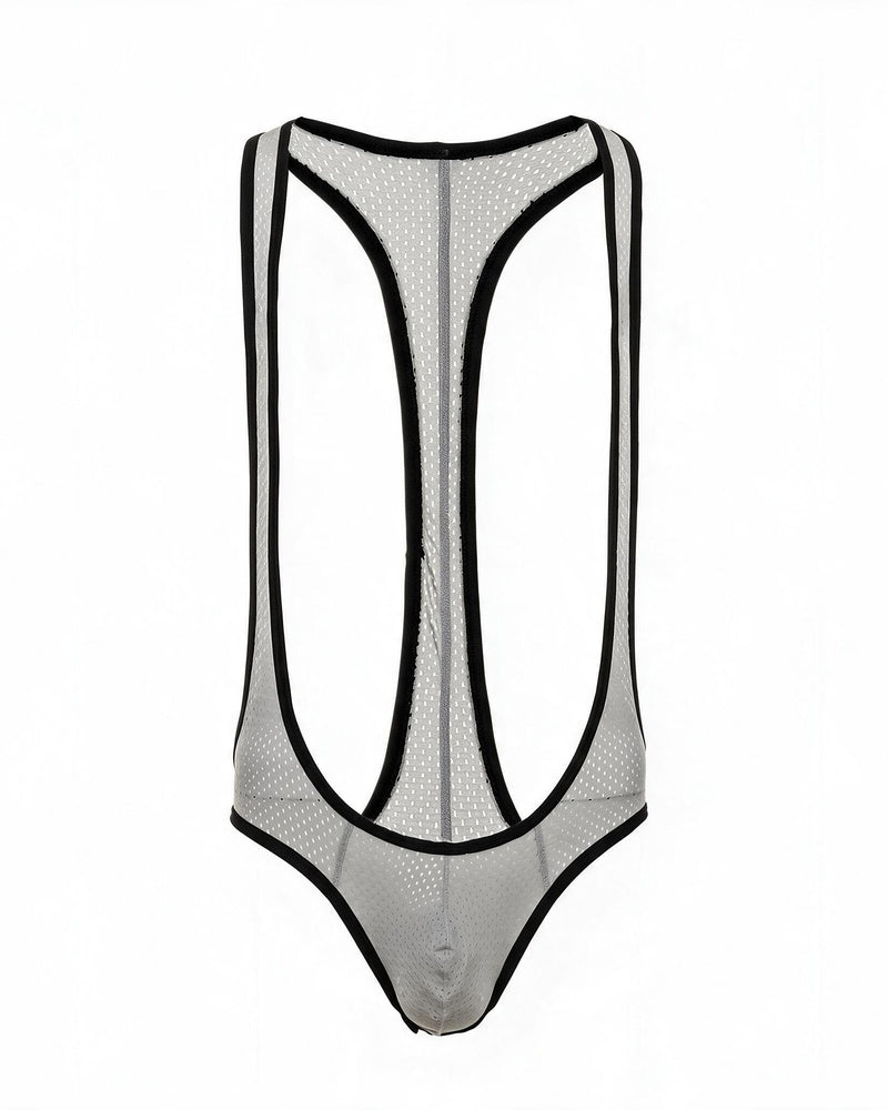 Gray mesh racerback thong bodysuit with black contrast trim