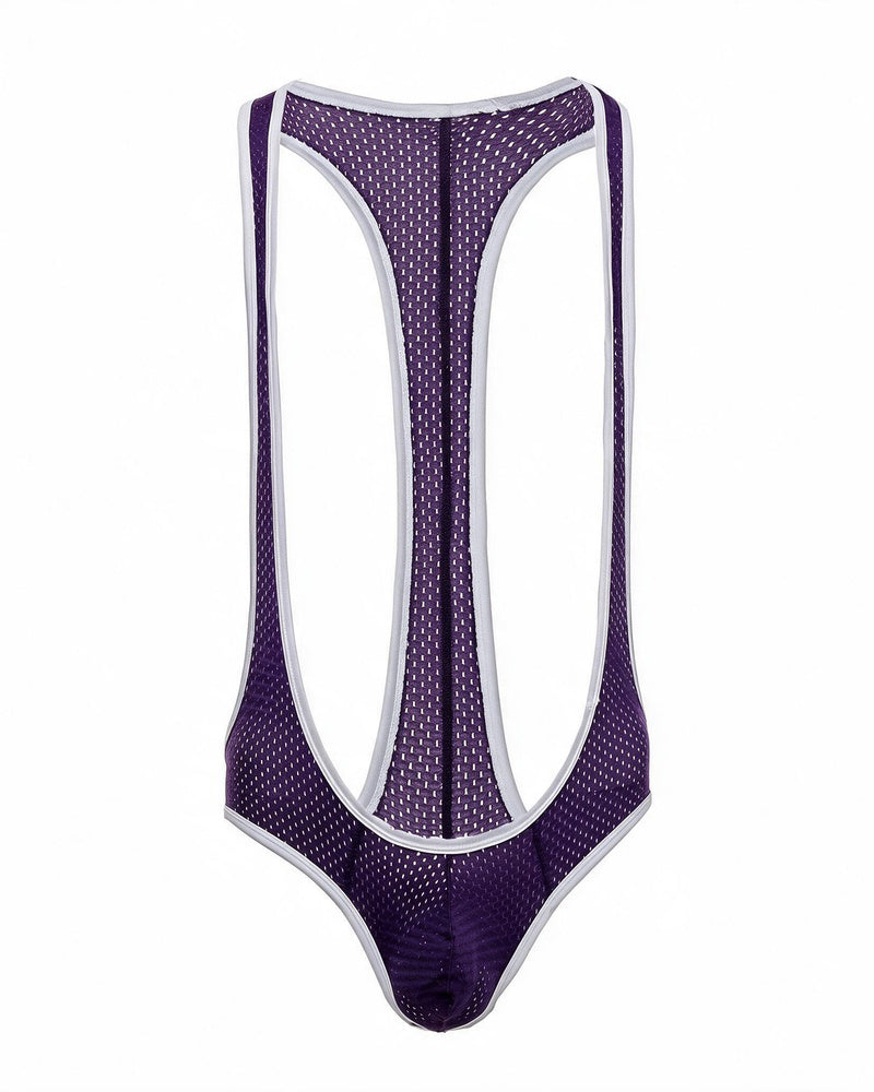 Purple mesh racerback thong bodysuit with white contrast trim