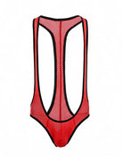 Red mesh racerback thong bodysuit with black contrast trim