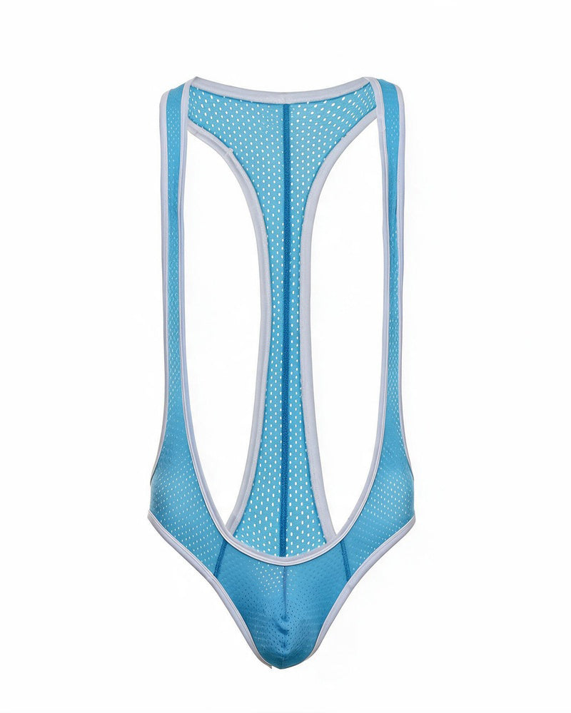 Light blue mesh racerback thong bodysuit with white contrast trim