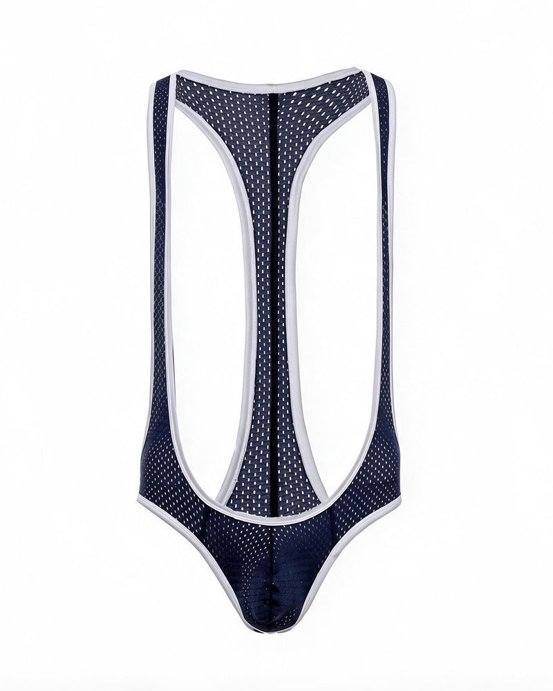 Navy mesh racerback thong bodysuit with white contrast trim
