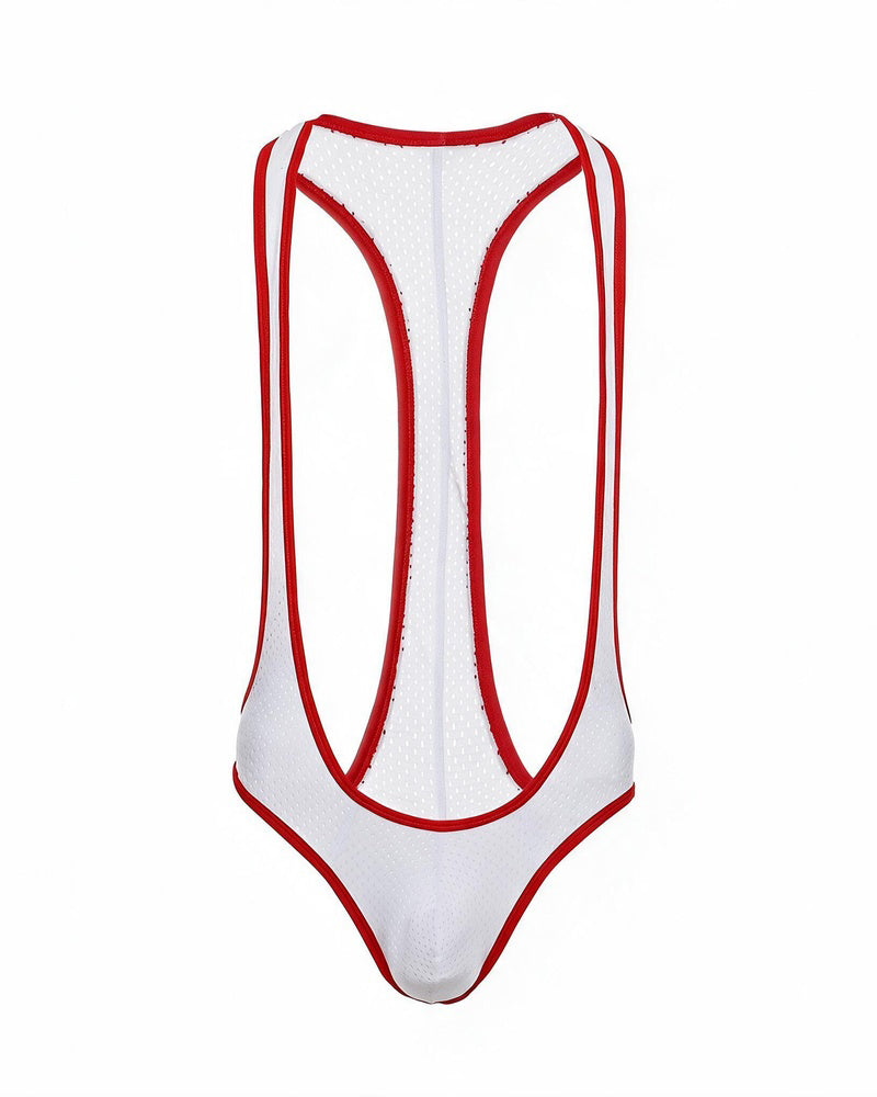 White mesh racerback thong bodysuit with red contrast trim