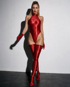 Glossy wine-red halter-neck bodysuit with high-cut legs and sleeveless halter
