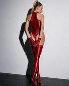 Glossy wine-red halter-neck bodysuit back view with high-cut legs