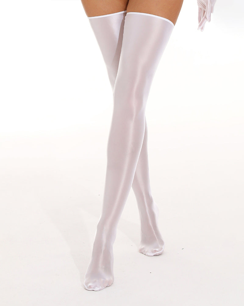 White glossy wet-look thigh-high stockings