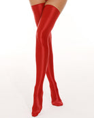 Glossy wine red wet-look thigh-high stockings with smooth shiny finish