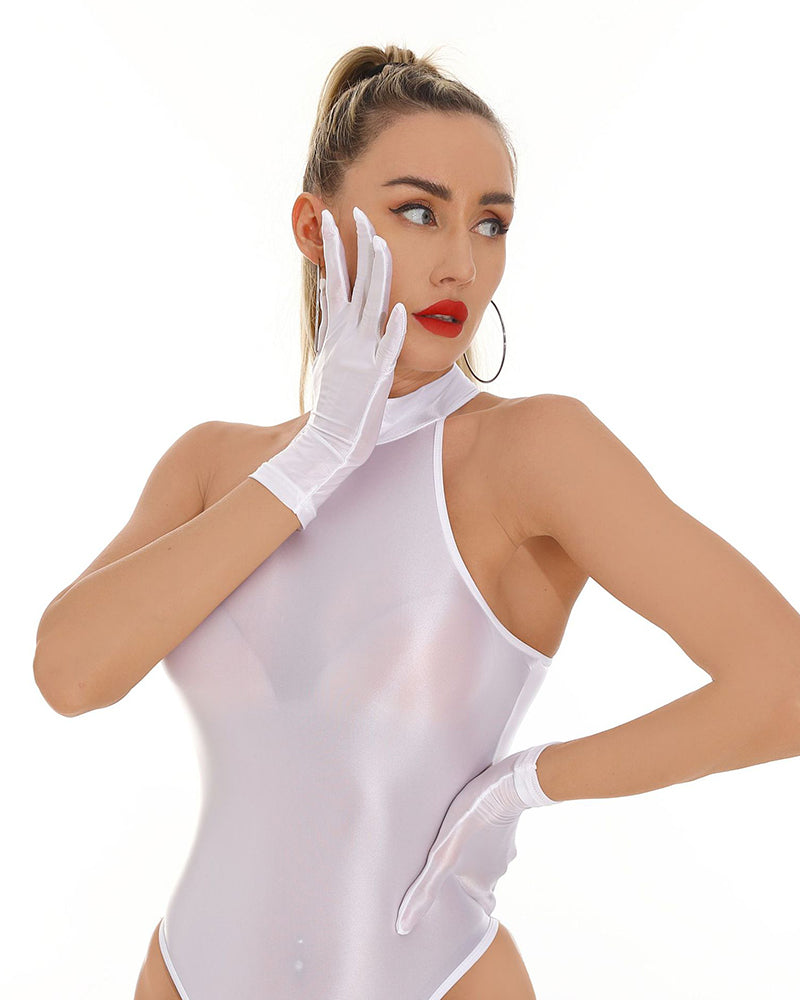 Glossy wet-look short gloves, white, hands raised in front view