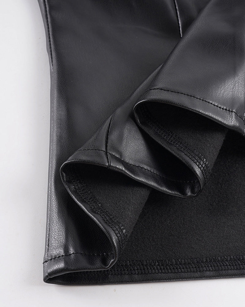 Black PU leather shorts leg, stitched cuff fold with smooth fabric texture