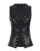 Black PU leather crop vest top with ladder-lace front and eyelet details