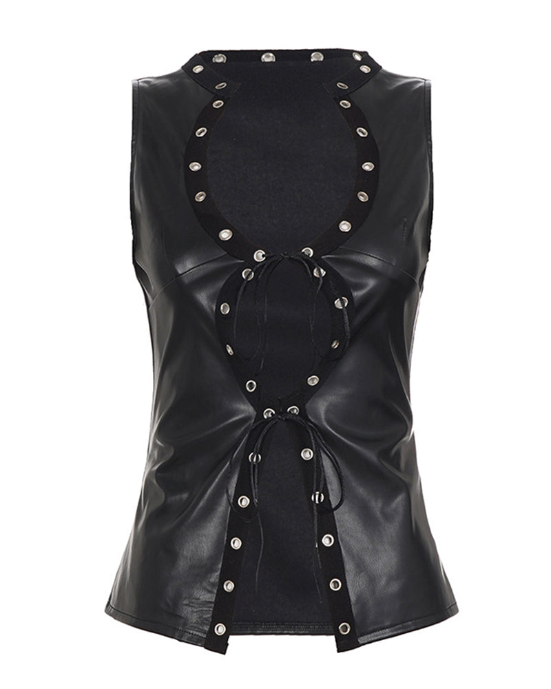 Black PU leather crop vest top with ladder-lace front and eyelet details