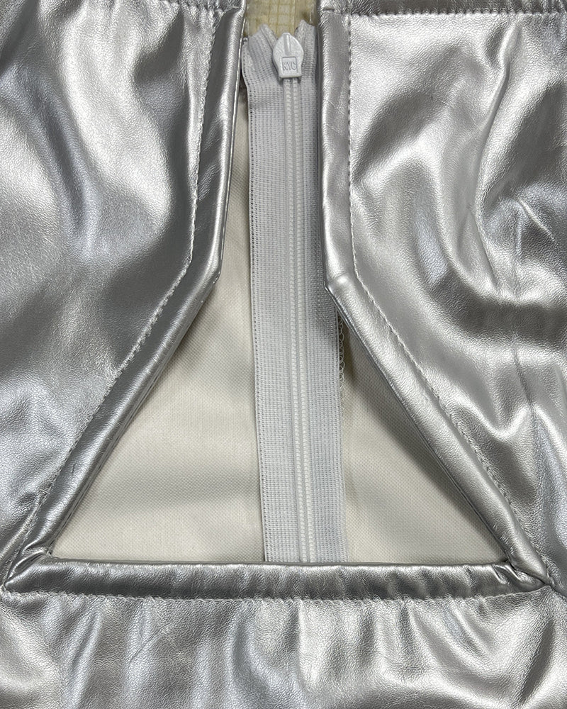 Silver PU leather mini dress zipper at center back with stitched trim