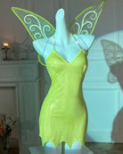 Green shimmer mini dress with V-neck, butterfly-wing headpiece above the shoulders