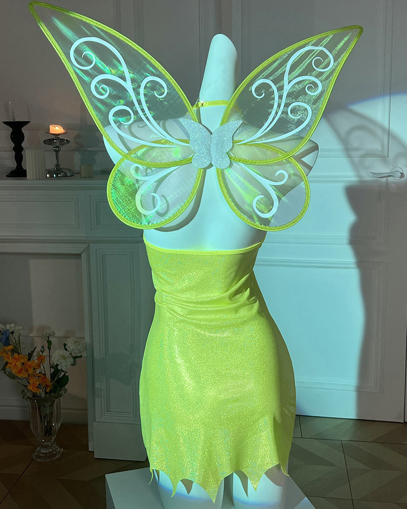 Green shimmer mini dress with V-neck, butterfly wings with floral center detail
