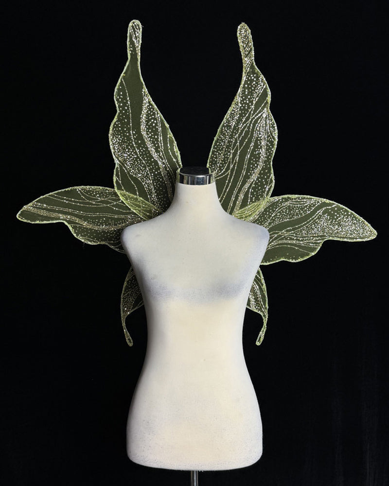Yellow-green glitter fairy wings with vein-like shimmer lines, shown on a mannequin