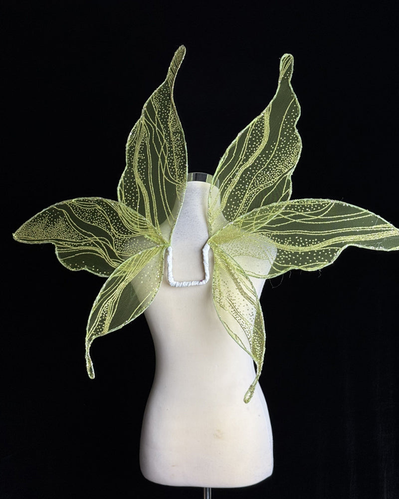 Yellow-green glitter fairy wings with flowing edges and fine vein sparkle lines
