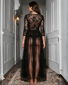 Black lace long-sleeve sheer maxi lingerie dress, back view with lace panel
