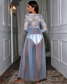 Light blue lace long-sleeve sheer maxi lingerie dress, back view with lace yoke