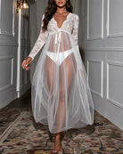 White lace long-sleeve sheer maxi lingerie dress with scalloped lace bodice and ribbon tie