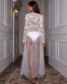 White lace long-sleeve sheer maxi lingerie dress, back view with lace yoke