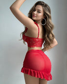 Red lace strapless bra and sheer ruffle mini skirt lingerie set, side view