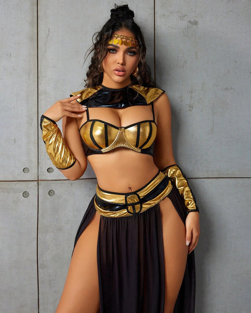 Egyptian queen bra top with gold metallic trim over black maxi skirt and belt detail