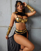 Black and gold Egyptian queen bra top with layered belt, long gloves, and maxi skirt