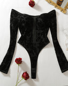Black velvet bodysuit, off-shoulder long sleeves with zip-front, floral damask texture