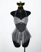 Silver rhinestone halter mini dress with mesh fringe hem, front view on mannequin