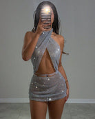 Silver rhinestone fishnet halter top and mini skirt set, backless