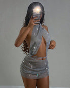 Silver rhinestone fishnet halter mini skirt set, open-back