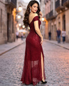 Wine red sequined off-shoulder ruched maxi bodycon dress with side slit