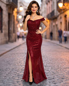 Wine red sequined off-shoulder ruched maxi bodycon dress with thigh-high side slit