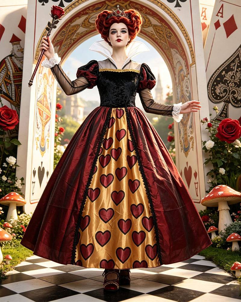 Red velvet bodice ballgown with heart print skirt and puff sleeves
