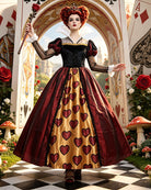 Red velvet bodice ballgown with heart print skirt and puff sleeves