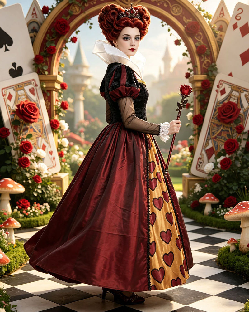 Red and dark ballgown with heart print skirt, corset-style velvet bodice