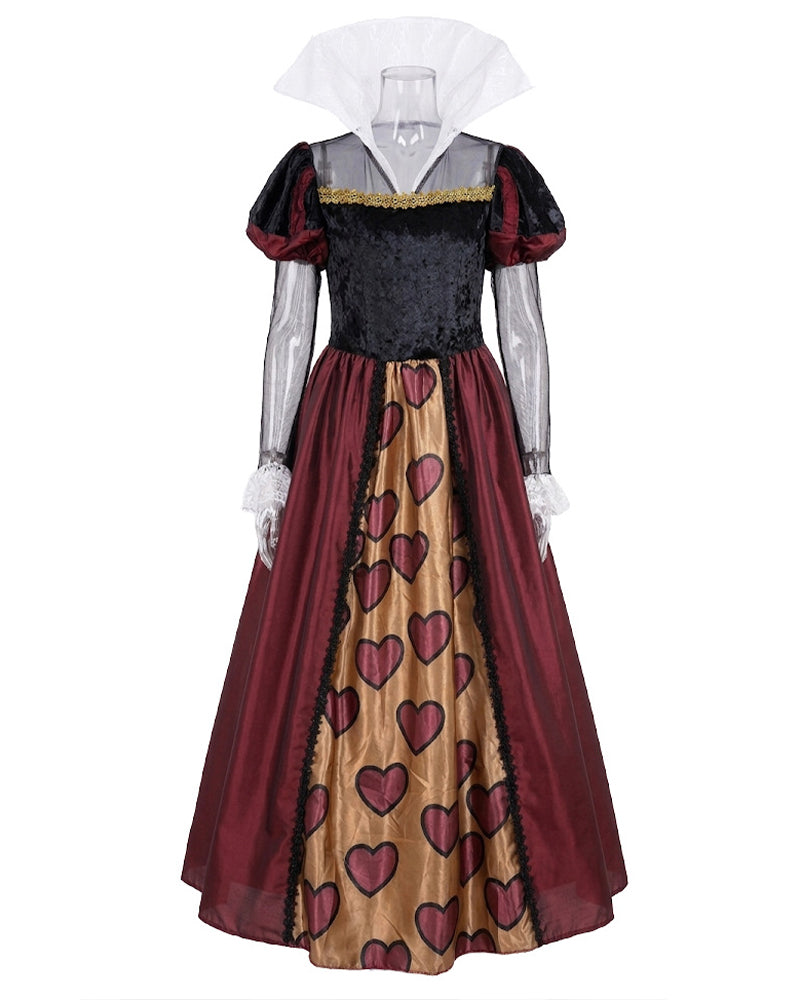 Red heart print skirt ballgown with black velvet bodice and short puff sleeves
