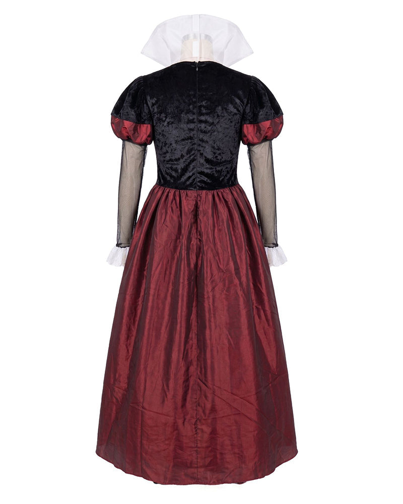 Back view red satin ballgown with black velvet bodice and puff sleeves