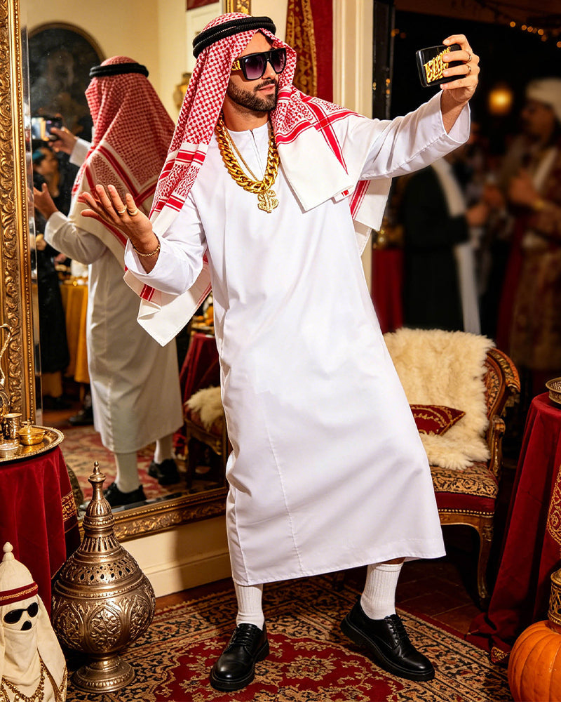 White Arabian sheikh robe set with red check headscarf, gold chain, black shoes